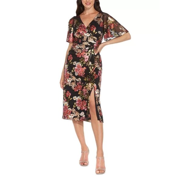 ADRIANNA PAPELL Floral-Print Metallic Flutter-Sleeve Dress Size 8 - Picture 1 of 13